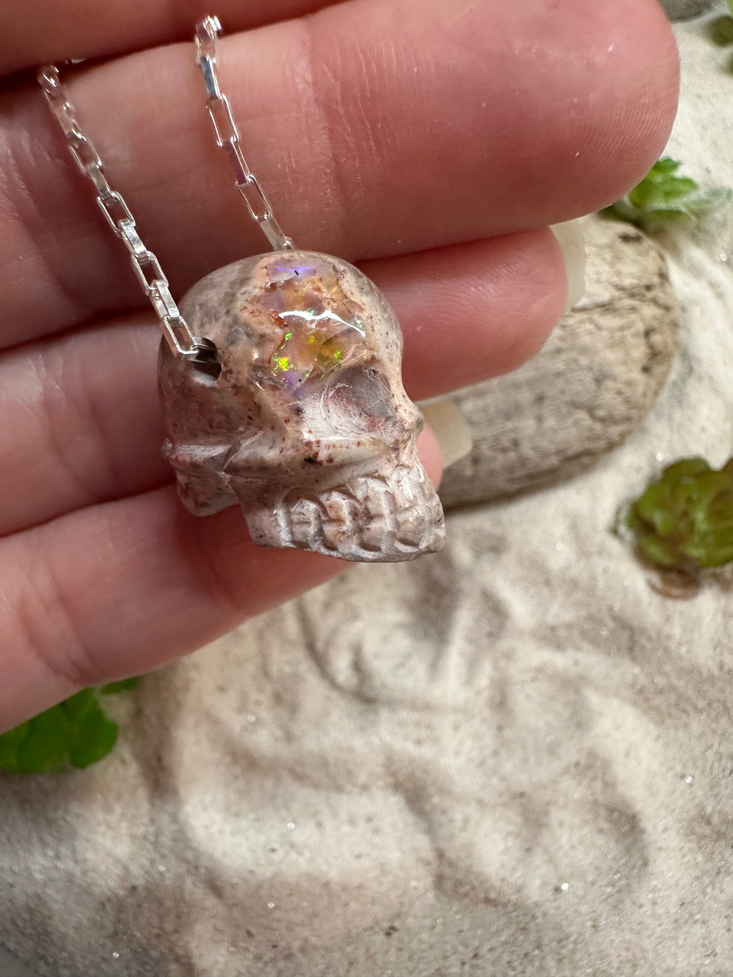 Mexican Fire Opal carved Skull Necklace